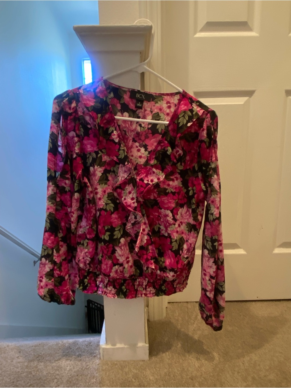 BCX Black Blouse with Pink Floral Ruffle Front